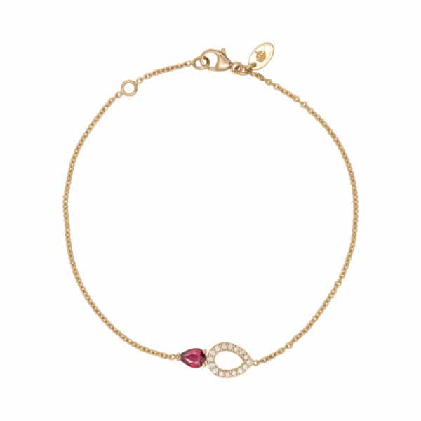 Le bracelet Angélys est en or jaune 750/1000ème, monté d'un Rubis taille poire accompagné d'un pavage Diamants en forme de poire.